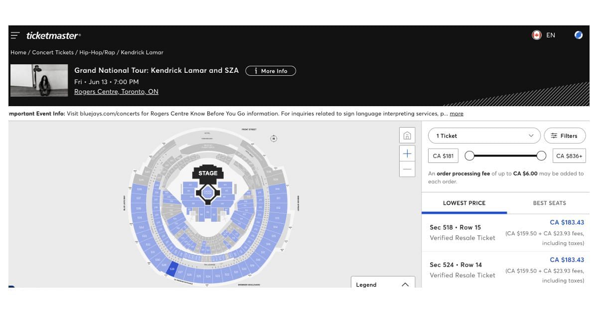 Screenshot of ticket prices for Kendrick's Toronto show (Screenshot via TicketMaster)
